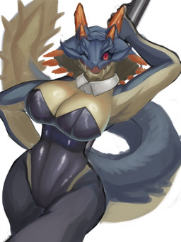 anthro anthrofied arms_bent big_breasts biped black_sclera blue_body breasts bunny_costume cleavage clothed clothed_anthro clothed_female clothing costume eyelashes female female_anthro glistening glistening_breasts holding_pole looking_at_viewer multicolored_body non-mammal_breasts one_eye_closed open_mouth open_smile orange_spikes pole pupils red_eyes simple_background smile smiling_at_viewer solo spikes spikes_(anatomy) standing stripper_pole tail tan_body two_tone_tail white_background wide_hips shino76 capcom monster_hunter lagiacrus leviathan_(mh) scalie 2026 3:4 absurd_res digital_media_(artwork) digital_painting_(artwork) hi_res painting_(artwork) portrait shaded soft_shading three-quarter_portrait