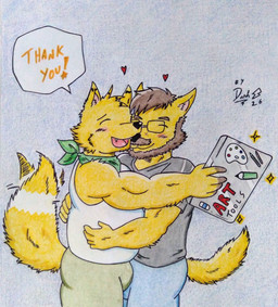 anthro art_supplies barazoku beard biceps black_clothing black_nose black_shirt black_topwear blush body_hair brown_beard brown_facial_hair brown_hair bulge clothed clothing dialogue eyes_closed eyewear facial_hair fluffy fluffy_tail fur glasses green_kerchief hair heart_symbol holding_object hug kerchief long_tail male manly markings musclegut muscular muscular_anthro muscular_arms muscular_male mustache neckerchief neckwear shirt simple_background speech_bubble tail tail_motion tailwag text topwear white_clothing yellow_body yellow_fur dashthefox arsen_dadrim_rebello dashfox canid canine canis domestic_dog fox mammal 2026 colored_pencil_(artwork) english_text hi_res traditional_media_(artwork)