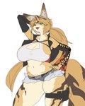 anthro bottomwear breast_squish breasts cleavage cleavage_overflow clothed clothing female flame_pattern fur hotpants jacket looking_at_viewer shorts slightly_chubby solo squish striped_body striped_fur stripes thick_thighs thigh_pouch thigh_squish topwear tricolor_fur yellow_body yellow_fur gyrbdark mihoyo zenless_zone_zero pulchra_(zenless_zone_zero) felid feline mammal 4:5 absurd_res hi_res