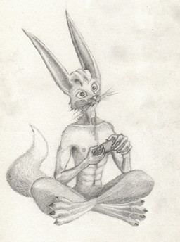 abs anthro controller femboy gaming kensonic male paws sitting slim solo kitsunaki canid canine fox mammal graphite_(artwork) hi_res traditional_media_(artwork)