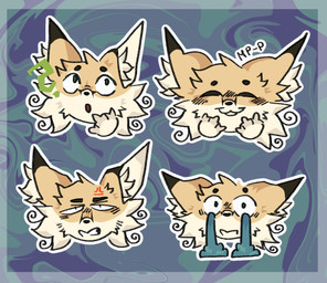 abstract_background angry annoyed black_nose bodily_fluids cheek_tuft claws clenched_teeth cross-popping_vein crying curious dipstick_ears disembodied_head ear_markings eyes_closed facial_tuft fluffy_ears furry_ears green_eyes male markings mouth_closed multicolored_ears open_mouth outline question_mark smile sticker sticker_pack tears teeth text tuft white_outline carp3t avery_(suheugene) canid canine fennec_fox fox mammal true_fox 2026 digital_drawing_(artwork) digital_media_(artwork) hi_res russian_text translated