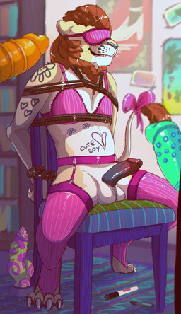 accessory animal_genitalia anthro bdsm biped body_writing bondage bound bow_(feature) bow_accessory bow_ribbon bra brown_hair chair clothed clothing crossdressing dildo erection eyewear femboy fur furgonomics furniture garter_belt garter_straps genitals grin hair heart_symbol imminent_gangbang legwear male penile_spines penis restraints ribbons rope rope_bondage rope_harness sex_toy sitting smile solo stockings submissive submissive_male tail tail_accessory tail_bow tail_ribbon tan_body tan_fur teeth underwear whiskers white_body white_fur writing_on_belly jeanwoof felid lion mammal pantherine 2016 hi_res