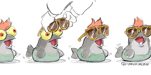 belly bottomwear clothing duo eyewear hair mohawk pants red_eyes red_hair slightly_chubby sunglasses underbite yellow_sclera merrimonster nintendo splatoon little_buddy_(splatoon) aquatic fish salmonid_(fish) salmonid_(splatoon) absurd_res hi_res