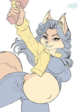 anthro belly big_belly big_breasts blue_hair breasts female gun hair pregnant pregnant_anthro pregnant_female ranged_weapon smile solo weapon yellow_eyes arrowdark sly_cooper_(series) sony_corporation sony_interactive_entertainment sucker_punch_productions carmelita_fox canid canine fox mammal hi_res