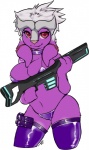 anthro bra breast_squish breasts clothed clothing collar female glowing gun hair head_plate head_tails leather legwear navel panties purple_body purple_skin ranged_weapon red_eyes red_nose rifle skimpy smile solo squish stockings underwear weapon white_hair cyn. tabitha_terleir kraskit digital_media_(artwork)