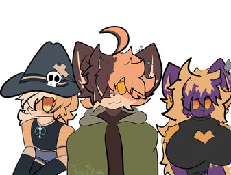anthro big_breasts breasts brown_body brown_fur clothed clothing ear_piercing eyelashes female fluffy fur group hair hat headgear headwear light_body light_fur long_hair looking_at_viewer male orange_body orange_fur piercing purple_body purple_fur simple_background smile tail trio wizard_hat foxiusrahhh hideko_yosuke american_red_fox canid canine fox mammal red_fox true_fox absurd_res colored digital_drawing_(artwork) digital_media_(artwork) hi_res