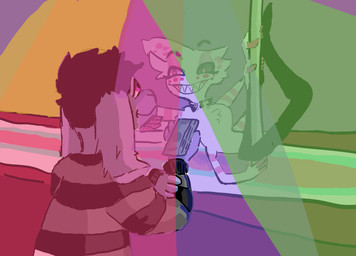 anthro black_clothing black_eyes black_hair blue_body blue_fur bow_tie clothing duo eyebrows eyelashes fur grey_clothing hair half_naked holding_object lights male male/male money pattern_clothing pink_body pink_eyes pink_fur pole purple_eyes smile strip_club striped_clothing stripes stripper tipping white_body white_fur vronex hazbin_hotel hellaverse angel_dust liar_(vronex) humanoid digital_media_(artwork) hi_res