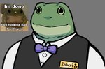 anthro clothing formal_clothing formal_wear green_body green_eyes green_skin male name_tag profanity real reference_image smile solo text topwear vest dynogreeno amphibian amphibian_humanoid animal_humanoid frog frog_humanoid humanoid english_text hi_res image_macro meme redraw