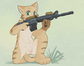 4_toes 5_fingers anthro ar_platform assault_rifle balls blue_eyes blush bodily_fluids feet fingers flaccid foreskin genitals gun holding_object holding_ranged_weapon holding_weapon humanoid_genitalia humanoid_penis looking_at_viewer m4a4 male navel partially_retracted_foreskin penis ranged_weapon rifle scope shota simple_background solo sweat toes weapon whiskers young young_anthro huka domestic_cat felid feline felis mammal hi_res