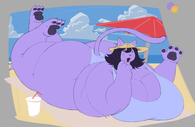 anthro big_breasts big_butt bikini_thong black_hair breasts butt clothing feet female gesture hair handpaw hindpaw huge_breasts huge_butt huge_thighs looking_at_viewer lying obese obese_anthro obese_female on_front overweight overweight_anthro overweight_female paws purple_body solo summer_hat swimwear tail thick_thighs thong underwear waving waving_at_viewer kunart undertale_(series) catty_cattenheimer domestic_cat felid feline felis mammal absurd_res hi_res