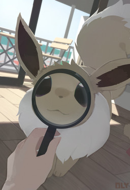 ambiguous_gender black_eyes detailed_background duo empty_eyes feral fingers first_person_view fur holding_magnifying_glass inside looking_at_viewer magnifying_glass smile tan_body tan_fur text white_body white_fur olyester nintendo pokemon eevee generation_1_pokemon human mammal pokemon_(species) shiny_pokemon 2026 artist_name digital_media_(artwork)