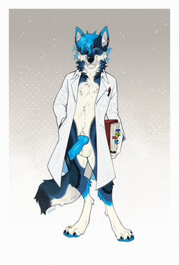 animal_genitalia animal_penis anthro balls barefoot big_penis black_body black_fur blue_body blue_fur blue_penis book border canine_genitalia canine_penis claws clothing coat digit_ring digitigrade doctor ear_piercing ear_ring erection feet fur genitals gradient_background grey_background hand_in_pocket holding_book holding_object jewelry knot knotted_penis lab_coat lab_coat_only male male_anthro multicolored_body multicolored_fur pawpads paws penis piercing pockets ring ring_piercing simple_background solo standing tan_body tan_fur toe_claws toe_ring toes topwear unprofessional_behavior white_background white_border ershd canid canine canis mammal wolf hi_res