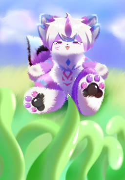 anthro blue_body blue_fur bodily_fluids chibi cum cum_in_vagina cum_inside female front_view fur genital_fluids genitals grass horn multicolored_body multicolored_fur orgasm penetration plant purple_body purple_eyes red_body red_fur solo vaginal vaginal_penetration vulva white_body white_fur shiningcanc hi_res