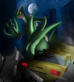 3_fingers ambiguous_gender biped blue_sky building car city commercial_vehicle destruction detailed_background fingers glowing glowing_eyes green_body macro moon multicolored_body night outside red_body road sky skyscraper solo star starry_sky taxicab text two_tone_body vehicle yellow_eyes meraence nintendo pokemon generation_3_pokemon pokemon_(species) sceptile 2013 digital_media_(artwork) english_text hi_res