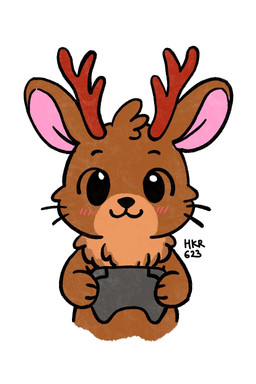 anthro antlers blush blush_lines brown_body brown_fur chest_tuft controller fur game_controller holding_object horn male simple_background solo text tuft unknown_artist excabel horned_rabbit lagomorph leporid mammal rabbit 2:3 hi_res
