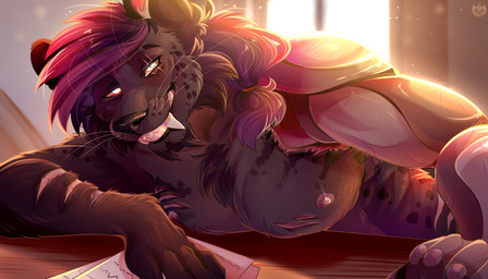 anthro beard breasts facial_hair fangs furniture grin grinding grinning_at_viewer hair leaning male nipples ocular_prosthetic prosthetic prosthetic_arm prosthetic_leg prosthetic_limb purple_hair scar smile smiling_at_viewer smug smug_face solo table teeth kwiateko character_vincent_violen-bishep felid feline jaguar mammal pantherine hi_res