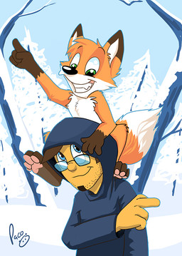 anthro beard blue_clothing blue_eyes blue_hoodie blue_topwear brown_hair carrying_another closed_smile clothing dipstick_ears dipstick_tail ear_markings eyewear facial_hair fur glasses glistening glistening_eyes gloves_(marking) green_eyes grin hair head_tuft hoodie logo looking_up male markings mouth_closed multicolored_ears nude on_shoulders orange_body orange_fur outside pawpads rectangular_glasses smile tail tail_markings topwear tuft white_body white_fur yellow_body yellow_skin young young_anthro young_male pandapaco canid canine fox human mammal artist_logo signature