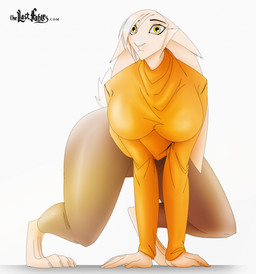 anthro big_breasts bottomwear breasts clothed clothing crouching female long_sleeves looking_at_viewer pants simple_background solo thick_thighs tight_bottomwear tight_clothing tight_pants white_background wide_hips thewyvernsweaver last_fables eni_siverets_(last_fables) hare lagomorph leporid mammal hi_res