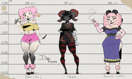 anthro bell bell_collar black_body black_fur blush bottomwear clothed clothing collar crop_top curvy_figure dress female fur gloves group hair handwear hooves legwear lipstick looking_at_viewer makeup mature_female navel navel_piercing occult_symbol one_eye_closed pentagram piercing pink_hair shirt shorts simple_background smile smoking spiked_collar spikes stockings symbol thick_thighs topwear trio tuft wide_hips wink wool_(fur) deusvulpes bovid caprine mammal sheep absurd_res colored digital_drawing_(artwork) digital_media_(artwork) hi_res model_sheet