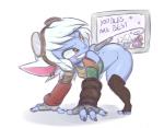 all_fours ass_up blush butt clothed clothing eyewear female goggles hair looking_back not_furry short_stack simple_background smile solo teeth text white_background bandlebro league_of_legends riot_games tencent tristana_(lol) humanoid yordle english_text