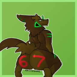 anthro big_butt brown_body brown_fur butt countershade_butt countershading fur green_background looking_back male number paint simple_background solo text archenarie 67_(meme) kairos_(archenarie) sergal 1:1 animated hi_res meme signature