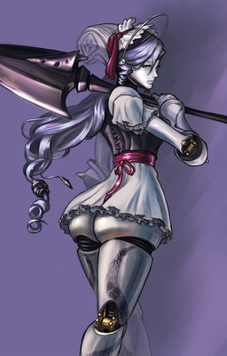 axe butt female grey_body grey_hair grey_skin hair long_hair looking_back machine maid_headdress melee_weapon weapon cutesexyrobutts bandai_namco soul_calibur ashlotte_maedel humanoid robot 2017 hi_res