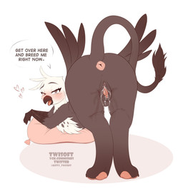 all_fours anus arm_support aroused ass_up beak bedroom_eyes bent_over bent_over_with_legs_held_straight blush blushing_profusely bodily_fluids brown_beak butt chest_tuft clitoris dialogue dripping eyebrows feathers female feral genital_fluids genitals glint grey_eyes heart_symbol impregnation_request inviting leaking looking_at_viewer looking_back narrowed_eyes offering_sex open_beak open_mouth pawpads pillow pink_pawpads plump_labia presenting presenting_anus presenting_hindquarters presenting_vulva pussy_juice_leaking raised_eyebrows raised_tail rear_view requesting scuted_legs scutes seductive sex_request simple_background solo speech_bubble tail tail_anus tail_aside tail_tuft talking_to_viewer text thigh_gap tuft vaginal_fluid_drip vaginal_fluids vulva white_background y_anus twisoft friendship_is_magic hasbro my_little_pony mythology avian gryphon mythological_avian mythological_creature 2022 absurd_res english_text full-length_portrait hi_res portrait