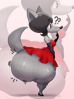 anthro big_butt black_hair butt cellulite clothing dress female footwear grey_body hair huge_butt shoes solo thick_thighs crowundeadcat despicable_me illumination_entertainment scarlet_overkill canid canine canis mammal wolf 3:4 hi_res