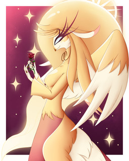 anthro beak breasts clothing eyelashes featureless_breasts female flower halo holding_flower holding_object holding_rose long_ears long_eyelashes medium_breasts multi_wing narrowed_eyes non-mammal_breasts plant red_rose rose_(flower) side_boob side_view sky smile solo standing star starry_sky wings blue-monedula hazbin_hotel hellaverse speaker_of_god_(hazbin_hotel) angel avian deity 4:5 hi_res