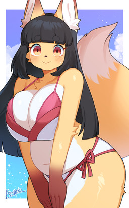 anthro big_breasts big_tail bikini biped black_ear_tips black_hair black_nose blush bodily_fluids breasts brown_hands cheek_tuft clothing countershading dipstick_ears dipstick_tail ear_markings facial_tuft female fur gloves_(marking) hair hands_on_legs hime_cut huge_breasts inner_ear_fluff kemono looking_at_viewer markings multicolored_body multicolored_ears multicolored_fur neck_tuft orange_body orange_eyes orange_fur sky smile solo standing sweat sweatdrop swimwear tail tail_markings tuft two-piece_swimsuit white_body white_countershading arumo komena_akamori canid canine fox mammal 5:8 hi_res watermark