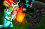 anthro campfire crossed_legs drugs feral fire group male smoking stoned substance_intoxication vore cobra_mcjingleballs alien_(franchise) matthewtheskunk moonstar_wolf alien canid canine canis mammal mephitid skunk wolf xenomorph digital_media_(artwork)