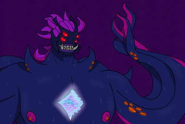 4_eyes arm_eye big_muscles big_pecs blue_body bodily_fluids crystal dripping eyes_on_body glowing glowing_crystal glowing_eyes lipless male multi_eye muscular nipples orange_eyes pecs pink_body pseudo_hair red_eyes simple_background solo sweat tentacle_arms tentacle_eye tentacle_hair tentacles tusks unusual_anatomy unusual_eye_placement broto_faggins epic_games fortnite the_dark_presence_(fortnite) demon humanoid tentacle_creature hi_res shaded simple_shading