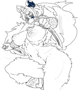 anthro big_breasts breasts dagger female fluffy fur inverted_nipples melee_weapon nipples pose solo tail weapon sukarabe legend_of_mana mana_(series) square_enix sierra_(mana) canid canine canis domestic_dog mammal monochrome