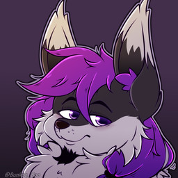 anthro black_body black_fur black_nose eyebrows facial_hair fur goatee grey_background grey_body grey_fur hair inner_ear_fluff male male_anthro multicolored_body multicolored_fur ponytail purple_eyes simple_background smug solo text tuft two_tone_body two_tone_fur bunkoo jack_(neojack) canid canine canis jackal mammal 1:1 2024 artist_name headshot_portrait hi_res icon portrait nonbinary_(lore)