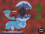 anthro axe barbarian bared_teeth blue_body green_tongue hair holding_object holding_weapon male purple_hair sharp_teeth slime teeth teeth_showing tongue vore weapon dirtymac allie_marsh amphibian monster absurd_res hi_res