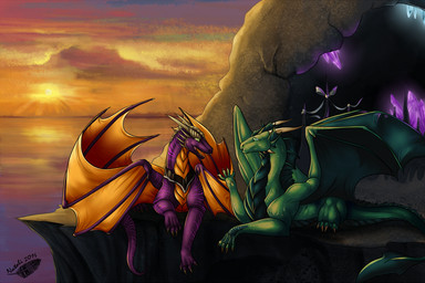 claws day detailed_background duo feral green_eyes horn membrane_(anatomy) membranous_wings nude open_mouth outside sun tail teeth tongue wings natoli mythology dragon mythological_creature mythological_scalie scalie 2014 digital_media_(artwork)