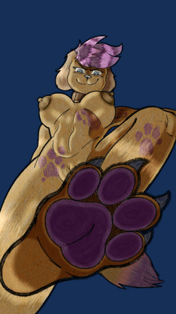 anthro big_breasts blue_eyes breasts collar collar_only dominant dominant_female feet female foot_focus genitals hair looking_at_viewer looking_down low-angle_view nipples nude pawpads paws perspective purple_hair smile solo spots step_pose stepped_on vulva worm's-eye_view ajicitoart hannah_(heriisgay) canid canine mammal 9:16 alpha_channel hi_res