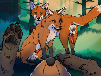 after_transformation anatomically_correct anatomically_correct_genitalia animal_genitalia backsack balls bedroom_eyes bodily_fluids butt canine_genitalia erection female female_pov feral first_person_view forest_background fur gender_transformation genital_fluids genitals group imminent_sex knot knot_in_sheath knotted_penis leaking_precum looking_at_viewer male male_feral multicolored_body narrowed_eyes orange_eyes pawpads penis precum presenting presenting_hindquarters raised_tail red_body red_fur seductive sheath sitting sitting_on_ground smile smiling_at_viewer submissive submissive_pov tail transformation trio renwick-fox_(artist) canid canine fox mammal absurd_res colored digital_drawing_(artwork) digital_media_(artwork) hi_res huge_filesize story story_in_description