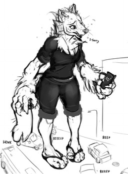 3_toes anthro apology big_hands bodily_fluids car cellphone clothing electronics feet female fluffy footwear macro nervous nervous_sweat phone sandals shoes smartphone sweat toes vehicle unknown_artist canid canine canis mammal wolf 2018 hi_res monochrome