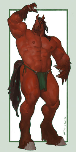 4_fingers abs after_transformation ankle_tuft anthro arm_tuft biceps big_muscles biped black_hair bottomwear calf_muscles claws clothed clothing deltoids finger_claws fingers flexing flexing_bicep forearm_muscles fur green_bottomwear green_clothing green_eyes green_loincloth hair hooves horse_tail huge_muscles leg_muscles leg_tuft loincloth loincloth_only male mane mane_hair muscular muscular_anthro muscular_male navel nipples obliques pecs quads red_body red_body_hair red_fur serratus simple_background solo standing tail thick_thighs topless topless_anthro tuft vein wrist_tuft taran_fiddler arkees draft_horse equid equine horse mammal 1:2 2026 absurd_res digital_drawing_(artwork) digital_media_(artwork) hi_res signature