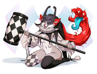 anthro armor bodily_fluids bottomless breasts clothed clothing costume cute_fangs drooling fangs female hair_mouth halloween_costume hammer headgear helmet holidays horn horned_helmet inner_ear_fluff jester jester_outfit legwear nipple_dip nipples piercing saliva solo stockings teeth tongue tongue_out tools tuft avocado_seed halloween midya_and_tayna_(darkflamewolf) canid canine canis imp mammal wolf hi_res