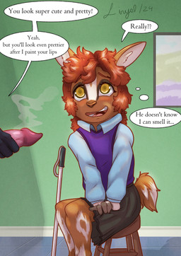 age_difference anatomically_correct anatomically_correct_genitalia anatomically_correct_penis animal_genitalia animal_penis anthro blind blush bottomwear cane canine_genitalia canine_penis chair clothing disability duo female furniture genitals hair male male/female on_chair penis red_hair sitting sitting_on_chair skirt smile text young liryal gobi_(liryal) bovid canid canine caprine goat mammal absurd_res adversarial_noise english_text hi_res