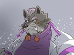 angry anthro bodily_fluids brown_body brown_fur claws clenched_teeth clothing coat crying fur lab_coat male solo tears teeth topwear sabita_kan lifewonders live_a_hero viscunam mammal procyonid raccoon hi_res