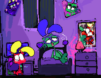 anthro balls blush bodily_fluids computer cum duo electronics female foreskin genital_fluids genitals green_body lamp male masturbation monitor penis poster red_body roksim slash_cucumber_xxx elizabeth_(roksim) spiko stompo veggiefolk animated