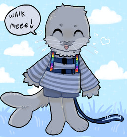 anthro blue_clothing blue_topwear bottomwear claws clothed clothing cloud dialogue eyes_closed feet fin fur grass grey_body grey_fur happy heart_symbol leash male neck_tuft open_mouth outside pattern_clothing pattern_shirt pattern_topwear paws plant rainbow shirt shorts simple_background sky smile solo speech_bubble standing striped_clothing striped_shirt striped_topwear stripes tail tail_fin text topwear tuft whiskers young freudcore patrick_(freudcore) aquatic mammal pinniped seal weddell_seal 2023 english_text