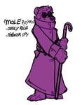 3_toes alternate_universe anthro barefoot blind cane clothing coat disability english_text eulipotyphlan eyewear feet glasses happy_tree_friends heart_nose heart_symbol hi_res holding_cane long_coat male mammal markings mole_(animal) mole_(marking) old purple_body purple_clothing ratty0poss robe simple_background solo standing text the_mole_(htf) toes topwear white_background