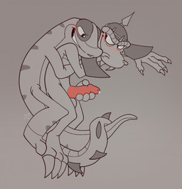 3_toes 4_fingers anthro armor balls blush bodily_fluids cuddling duo fangs feet fingers genital_fluids genitals handjob headgear helmet humanoid_genitalia humanoid_penis lying male male/male penile penis precum sex smile tail tail_coil teeth toes yellowluster gex_(series) gex_the_gecko komodo_joe gecko komodo_dragon lizard monitor_lizard reptile scalie 2026 animated loop