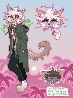 ahoge anthro beach blush blush_lines bodily_fluids broken_heart broken_heart_symbol brown_body brown_fur claws clothing clover_(plant) clover_leaf crying curled_fur curly_hair detailed_background dialogue drooling ear_piercing fangs fur green_clothing green_jacket green_topwear hair inner_ear_fluff jacket leaf male open_mouth pawpads piercing pink_inner_ear pink_pawpads pink_tongue plant red_claws ring_(jewelry) saliva saliva_string solo squinted_eyes sweat sweatdrop tears teeth text tongue topwear tuft white_body white_fur white_inner_ear_fluff vixenfrightz danganronpa danganronpa_2 spike_chunsoft hajime_hinata nagito_komaeda 2025 3:4 artist_name colored colored_line_art digital_drawing_(artwork) digital_media_(artwork) english_text full-length_portrait headshot_portrait hi_res portrait shaded signature watermark male_(lore)