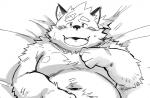 anthro belly blush cute_fangs lying male moobs navel nipples overweight overweight_anthro overweight_male solo nekomarudon tanukimaru canid canine mammal 2018 monochrome