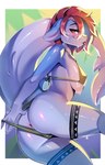 anthro anus bikini bikini_bottom_aside biped black_bikini black_clothing black_swimwear blush border breasts butt clothed clothing countershade_butt countershade_scales countershade_torso countershading eyebrows eyelashes female grey_body grey_scales hair looking_at_viewer non-mammal_breasts pink_anus presenting presenting_anus red_eyes red_hair scales simple_background solo swimwear tongue tongue_out two-piece_swimsuit wet wet_body white_border mayrin_(artist) yumi_(enonn) fish marine shark 2025 digital_media_(artwork) hi_res shaded